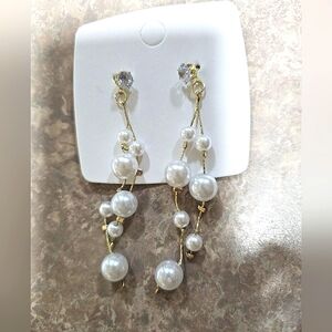 NEW ELEGANT FAUX PEARL & DIAMOND DANGLE EARRINGS